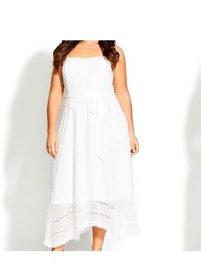 City Chic cream/ivory shirred back asymmetrical lace hem Swiss Dot Midi Dress Dz